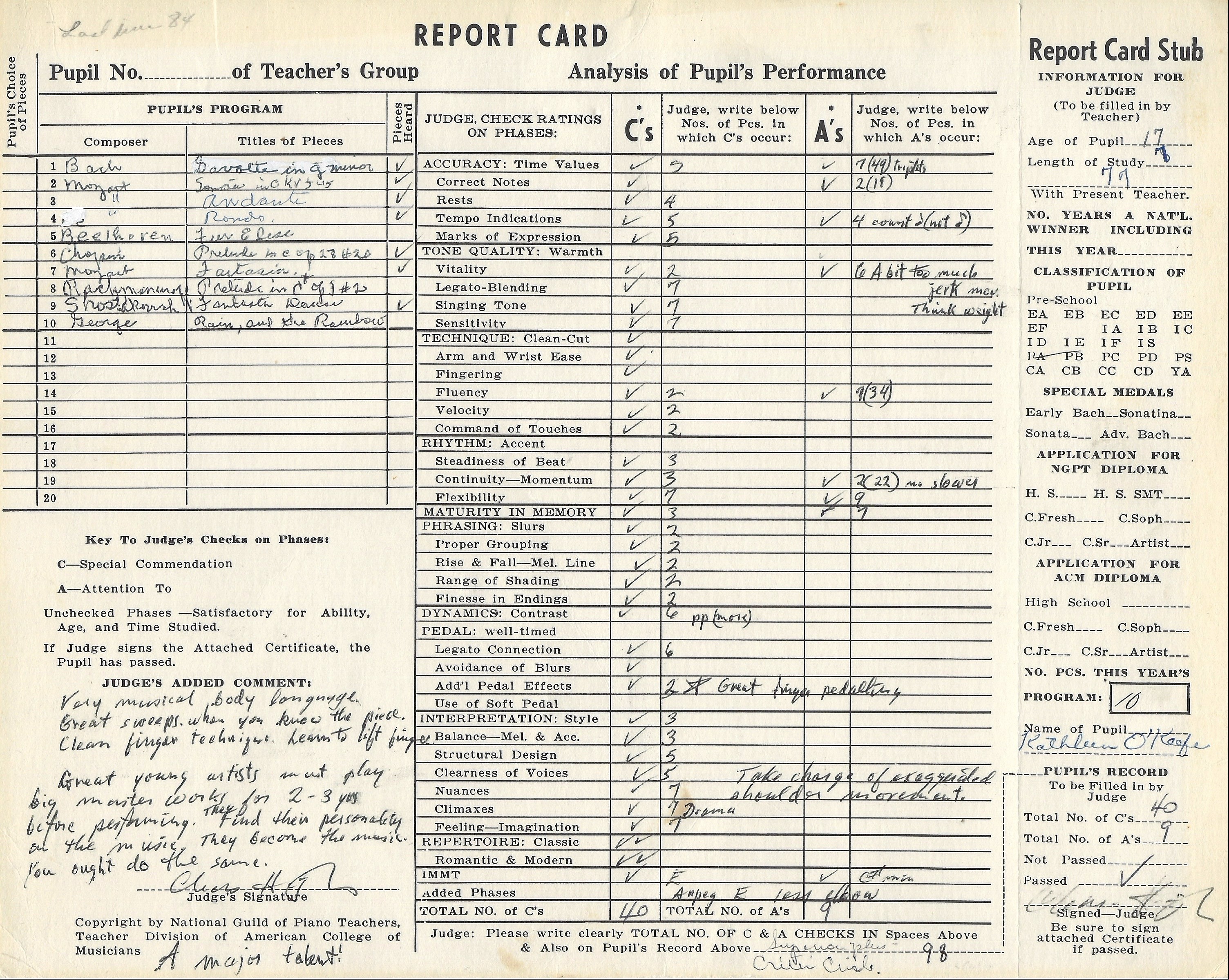 1987 National Piano Auditions report card for Kathleen O'Keefe — superior plus 98, marked 'A major talent!'